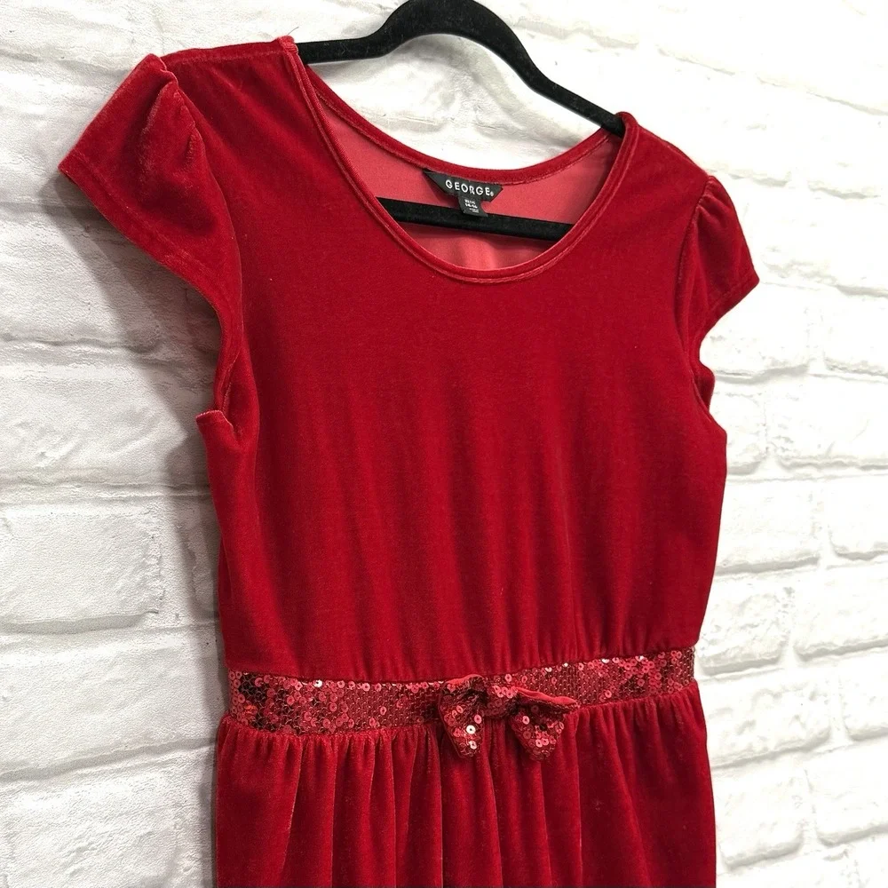 George Girls Sz 14/16 Red Velvet & Sequin Christmas Holiday Dress Formal  w/ Bow
